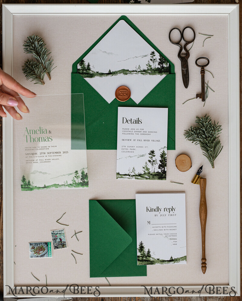Modern Green Forest Acrylic Wedding Invitations – Clear Plexiglass Suite with Mountain & Pine Tree Design for Nature-Inspired Weddings-9
