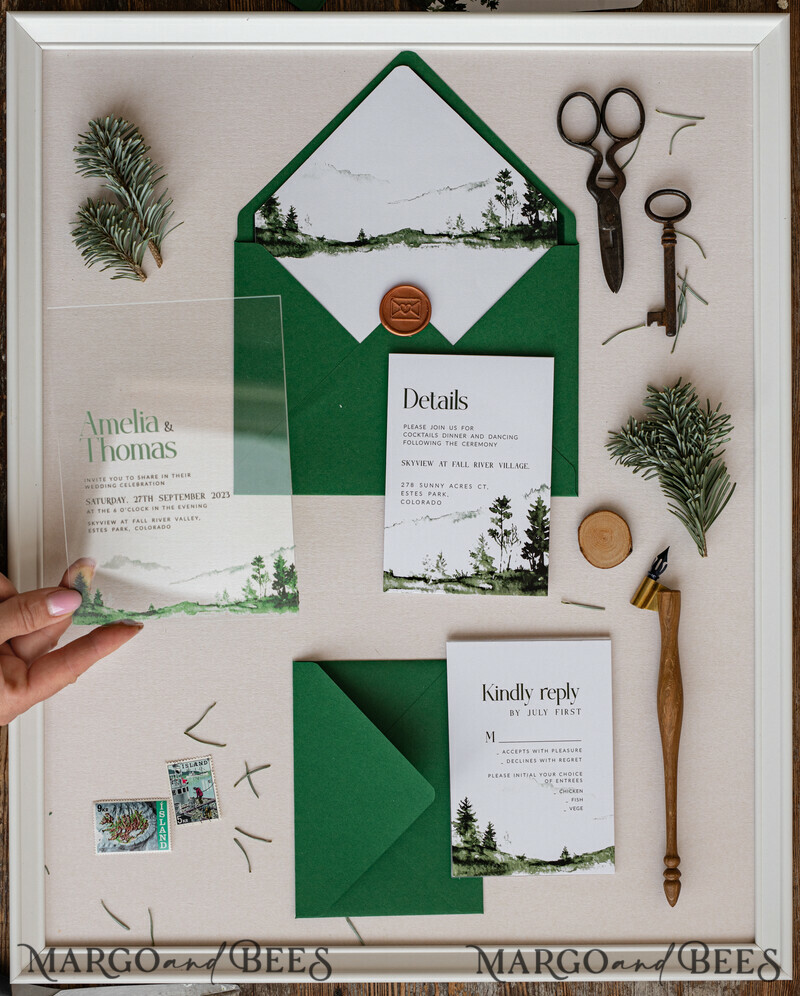 Modern Green Forest Acrylic Wedding Invitations – Clear Plexiglass Suite with Mountain & Pine Tree Design for Nature-Inspired Weddings-0