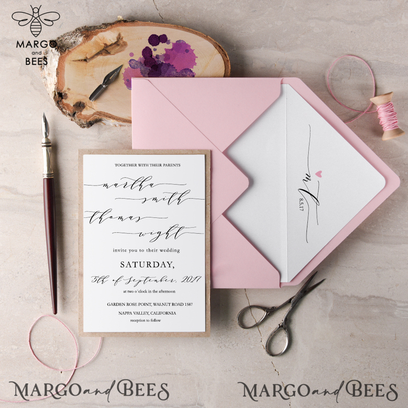  Delicate And Handmade Wedding Invitations, Affordable Wedding Invites With Birch Heart, Minimalistic Wedding Invitation Suite, Romantic Pink Wedding Cards-1