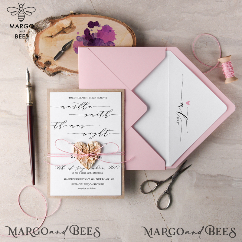  Delicate And Handmade Wedding Invitations, Affordable Wedding Invites With Birch Heart, Minimalistic Wedding Invitation Suite, Romantic Pink Wedding Cards-2