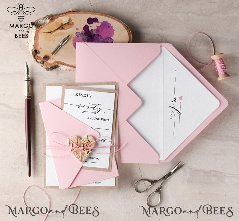 Elegant Classic  Wedding Invitations Pink Personalized Stationery Patel Pink Paper Wooden Heart Invites with Monogram Envelope Liner-3