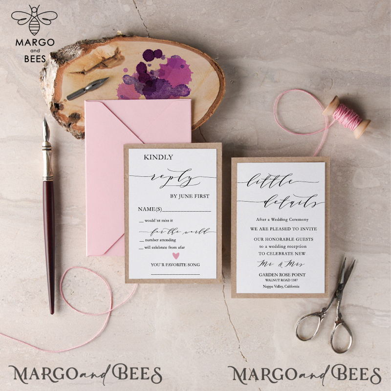 Elegant Classic  Wedding Invitations Pink Personalized Stationery Patel Pink Paper Wooden Heart Invites with Monogram Envelope Liner-4