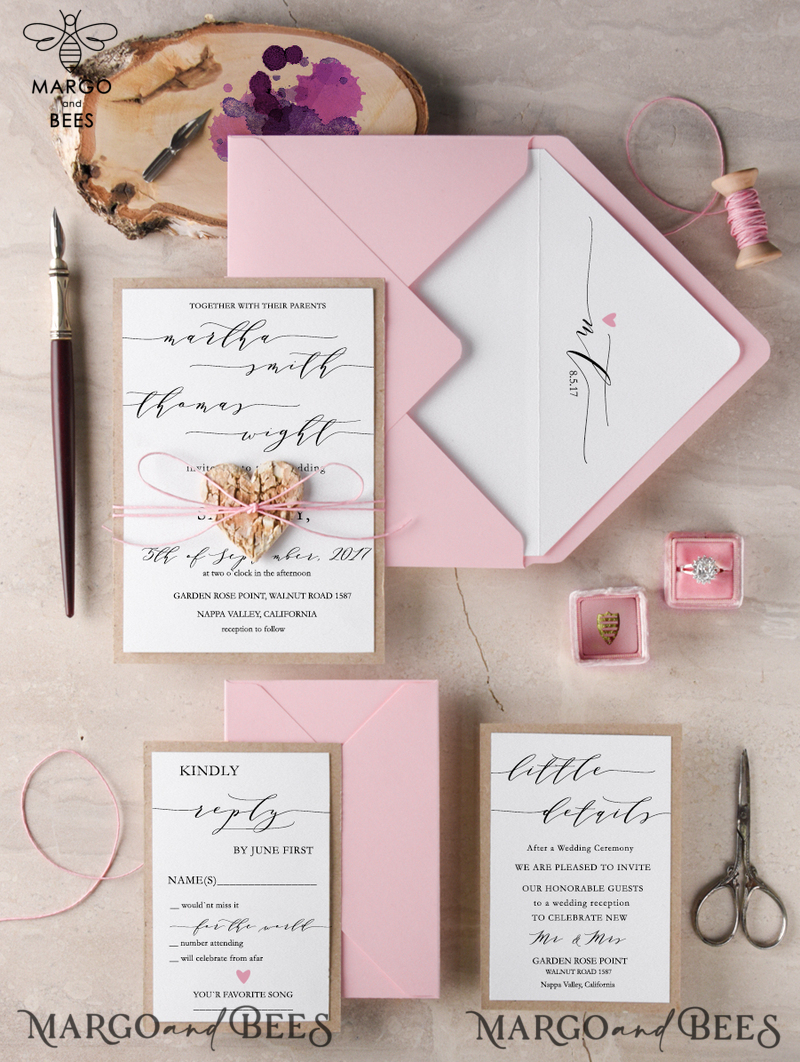  Delicate And Handmade Wedding Invitations, Affordable Wedding Invites With Birch Heart, Minimalistic Wedding Invitation Suite, Romantic Pink Wedding Cards-0