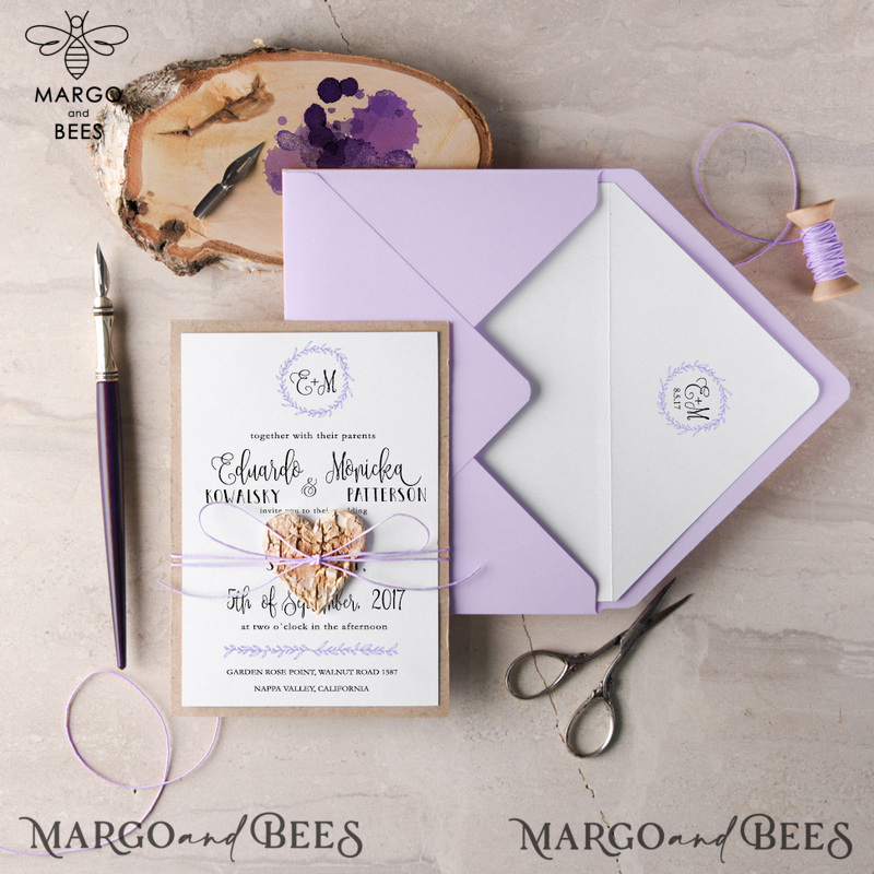 Delicate And Handmade Wedding Invitations, Affordable Wedding Invites With Birch Heart, Minimalistic Purple Wedding Invitation Suite, Romantic Lilac Wedding Cards-1