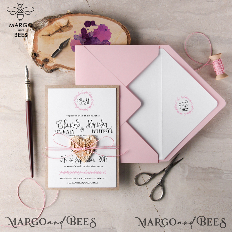 Elegant Wedding Invitations Floral Wreath Personalized Invitations Petal Pink Paper Wooden Heart Invites with Monogram Envelope Liner-1