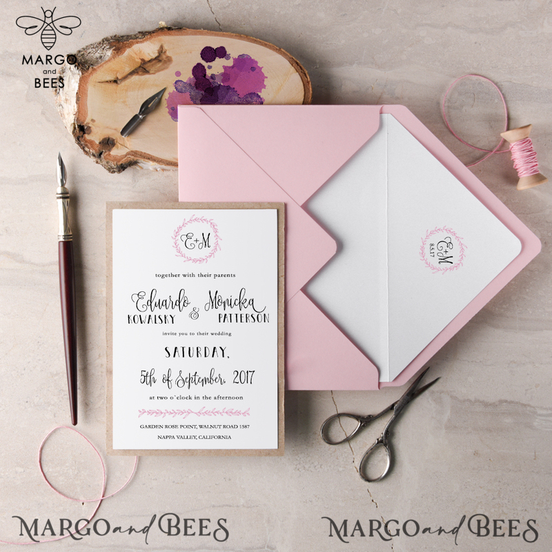 Elegant Wedding Invitations Floral Wreath Personalized Invitations Petal Pink Paper Wooden Heart Invites with Monogram Envelope Liner-4