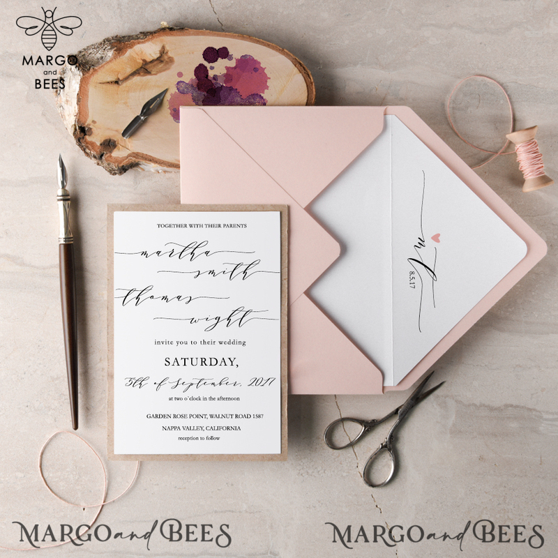 Delicate And Affordable Wedding Invitations, Handmade Wedding Invites With Birch Heart, Minimalistic Blush Pink Wedding Invitation Suite, Romantic Rustic Wedding Cards-2