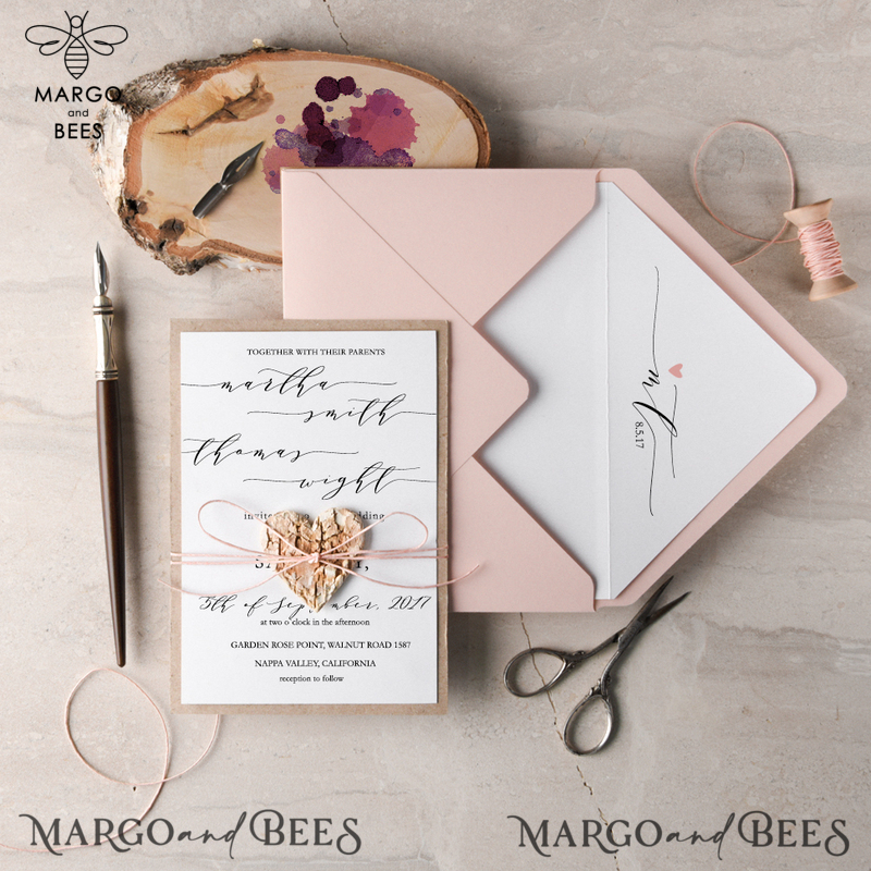 Delicate And Affordable Wedding Invitations, Handmade Wedding Invites With Birch Heart, Minimalistic Blush Pink Wedding Invitation Suite, Romantic Rustic Wedding Cards-3