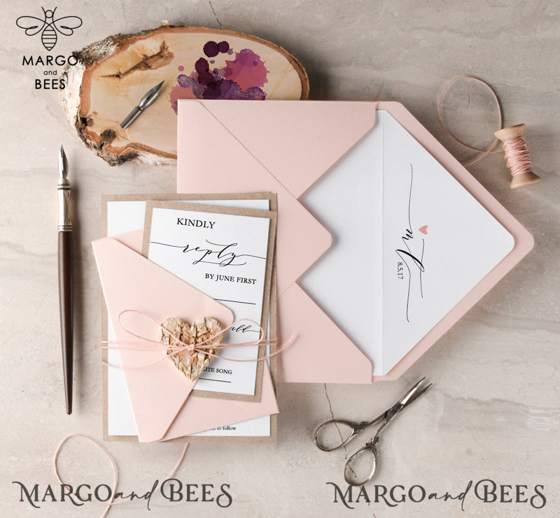 Delicate And Affordable Wedding Invitations, Handmade Wedding Invites With Birch Heart, Minimalistic Blush Pink Wedding Invitation Suite, Romantic Rustic Wedding Cards-4