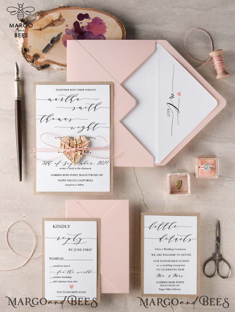 Delicate And Affordable Wedding Invitations, Handmade Wedding Invites With Birch Heart, Minimalistic Blush Pink Wedding Invitation Suite, Romantic Rustic Wedding Cards-0