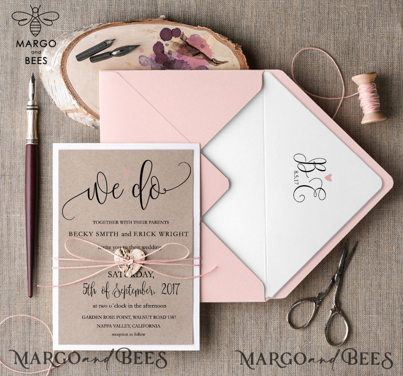 Handmade And Affordable Wedding Invites, Elegant Wedding Invitations With Birch Heart, Minimalistic Blush Pink Wedding Invitation Suite, Delicate Rustic Wedding Cards-1