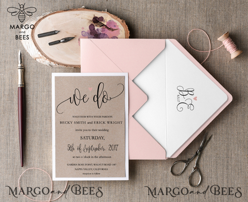 Handmade And Affordable Wedding Invites, Elegant Wedding Invitations With Birch Heart, Minimalistic Blush Pink Wedding Invitation Suite, Delicate Rustic Wedding Cards-2
