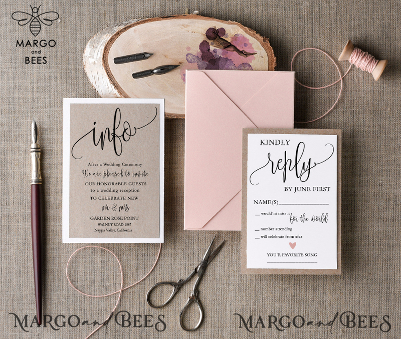 Handmade And Affordable Wedding Invites, Elegant Wedding Invitations With Birch Heart, Minimalistic Blush Pink Wedding Invitation Suite, Delicate Rustic Wedding Cards-3