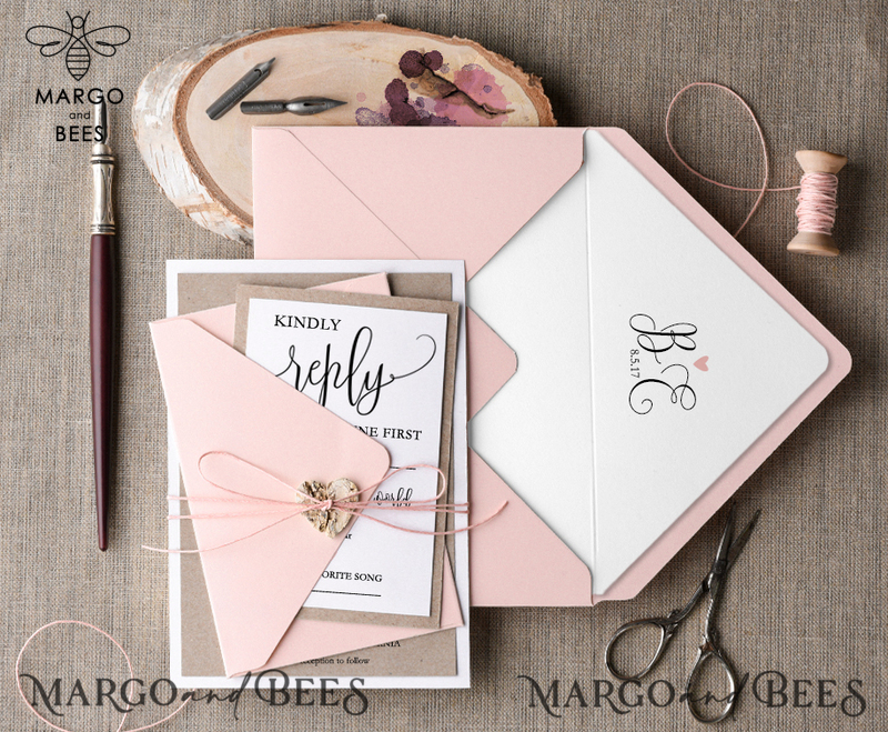 Handmade And Affordable Wedding Invites, Elegant Wedding Invitations With Birch Heart, Minimalistic Blush Pink Wedding Invitation Suite, Delicate Rustic Wedding Cards-4