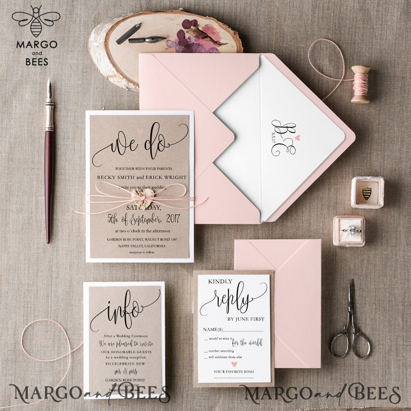Handmade And Affordable Wedding Invites, Elegant Wedding Invitations With Birch Heart, Minimalistic Blush Pink Wedding Invitation Suite, Delicate Rustic Wedding Cards-0