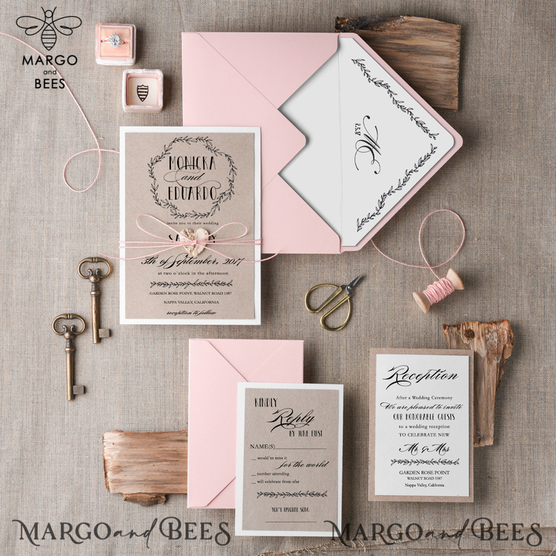 Rustic Wedding Invitation Suite Floral wreath Personalized Invitations Peach Paper Wooden Heart Invites with Monogram Envelope Liner and Twine-0