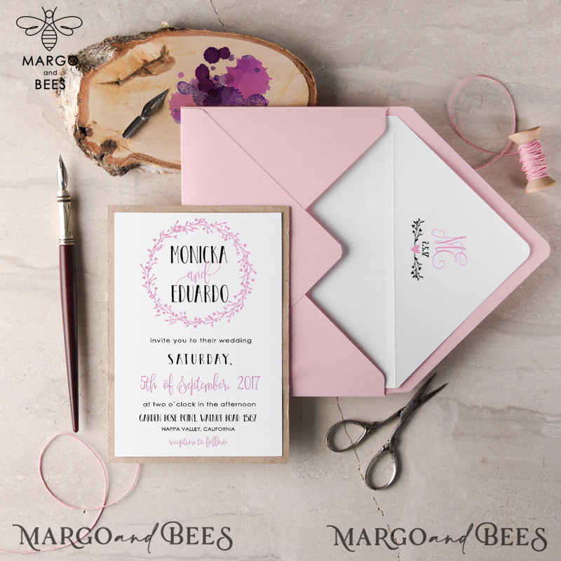 Elegant Classic Wedding Invitation Floral Wreath Personalized Invitations Patel Pink Paper Wooden Heart Invites with Monogram Envelope Liner-3