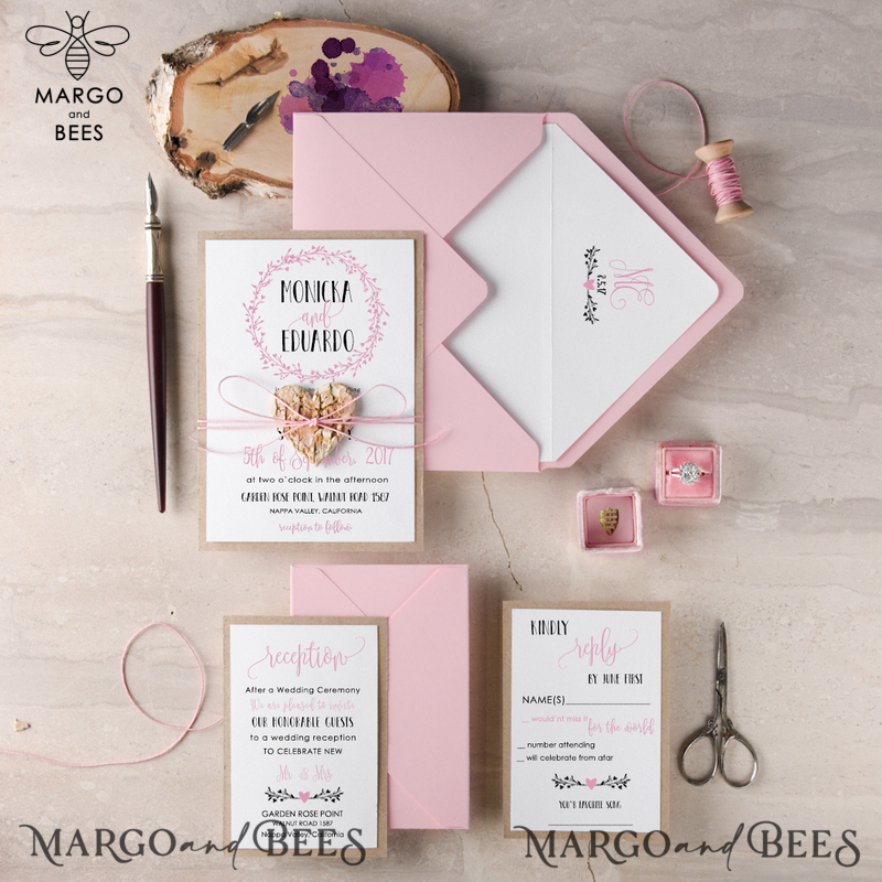 Elegant Classic Wedding Invitation Floral Wreath Personalized Invitations Patel Pink Paper Wooden Heart Invites with Monogram Envelope Liner-0