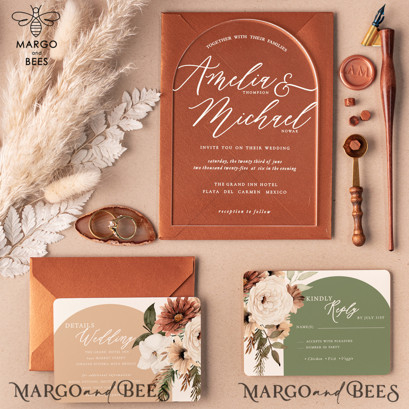 Arch Acrylic Wedding invitations online, Elegant Terracotta wedding invitation Suite • Luxury Plexi Wedding Invites • Arch Fall wedding Stationery-2
