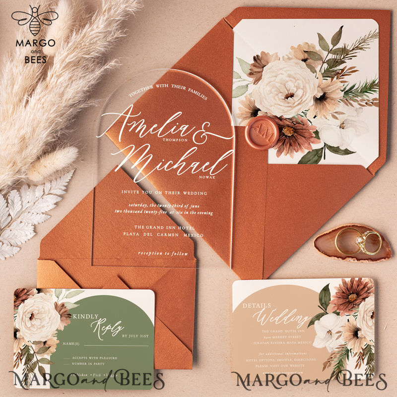Arch Acrylic Wedding invitations online, Elegant Terracotta wedding invitation Suite • Luxury Plexi Wedding Invites • Arch Fall wedding Stationery-0