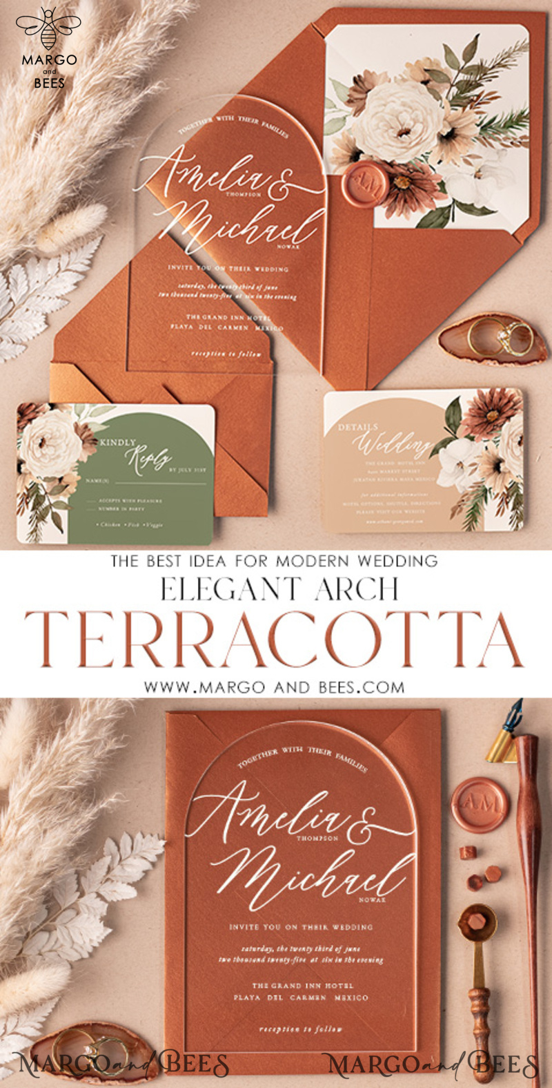 Arch Acrylic Wedding invitations online, Elegant Terracotta wedding invitation Suite • Luxury Plexi Wedding Invites • Arch Fall wedding Stationery-3
