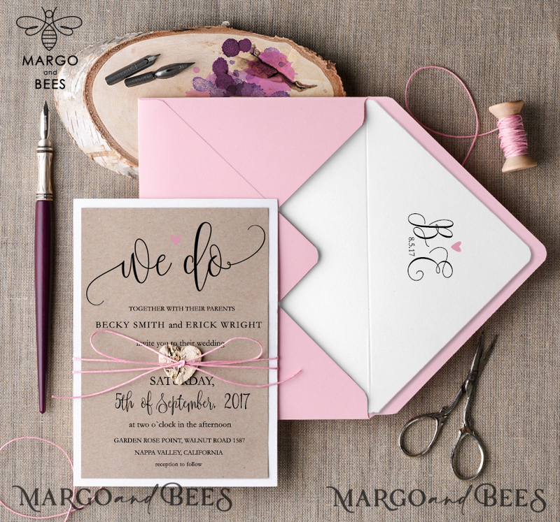  Cheap  Pink Wedding invitations Rustic Stationery Eco  Suite with Wooden Heart and Twine -1