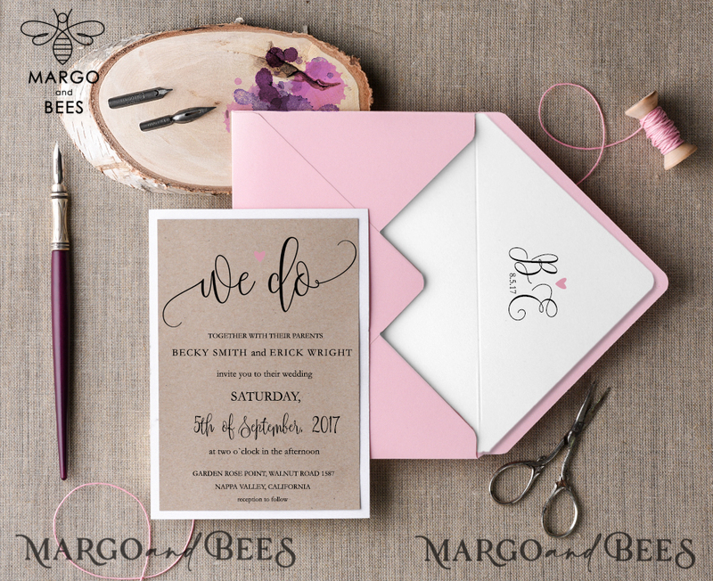  Delicate Pink Wedding Invitations, Elegant Handmade Wedding Invites, Affordable Wedding Cards With Birch Heart, Romantic Rustic Wedding Stationery-2