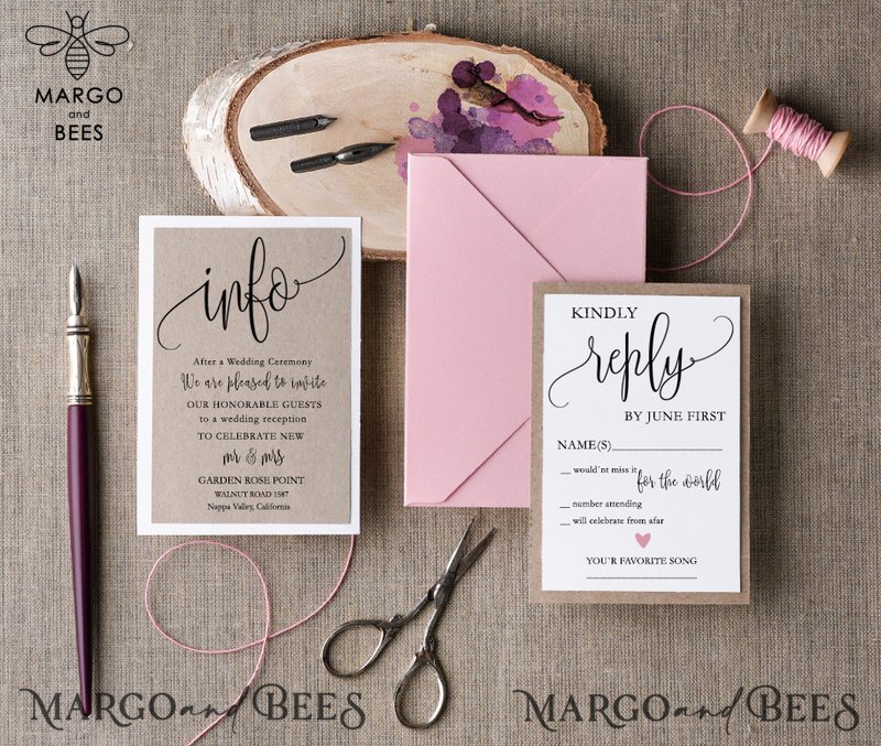  Cheap  Pink Wedding invitations Rustic Stationery Eco  Suite with Wooden Heart and Twine -3