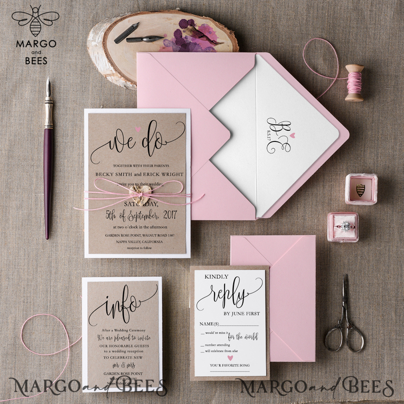 Cheap  Pink Wedding invitations Rustic Stationery Eco  Suite with Wooden Heart and Twine -0