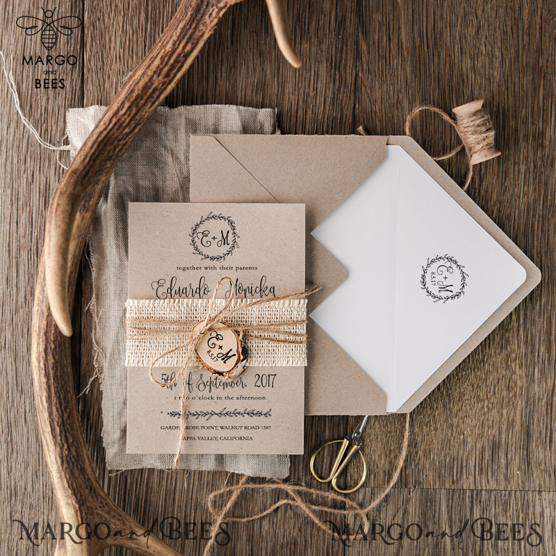 Rustic Wedding Invitations Burlap Belly Band Stationery Bespoke Suite with Wooden Slice Tag and Monogram Wreath-1