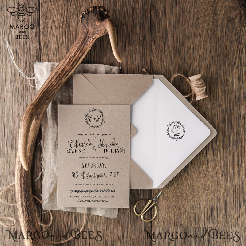 Rustic Wedding Invitations Burlap Belly Band Stationery Bespoke Suite with Wooden Slice Tag and Monogram Wreath-2