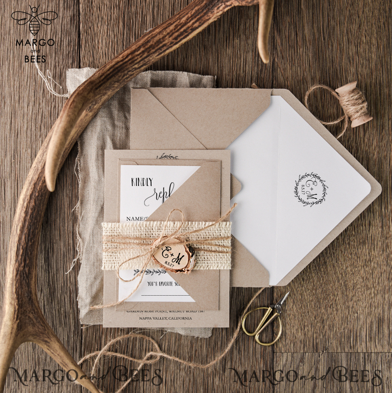 Rustic Wedding Invitations Burlap Belly Band Stationery Bespoke Suite with Wooden Slice Tag and Monogram Wreath-4