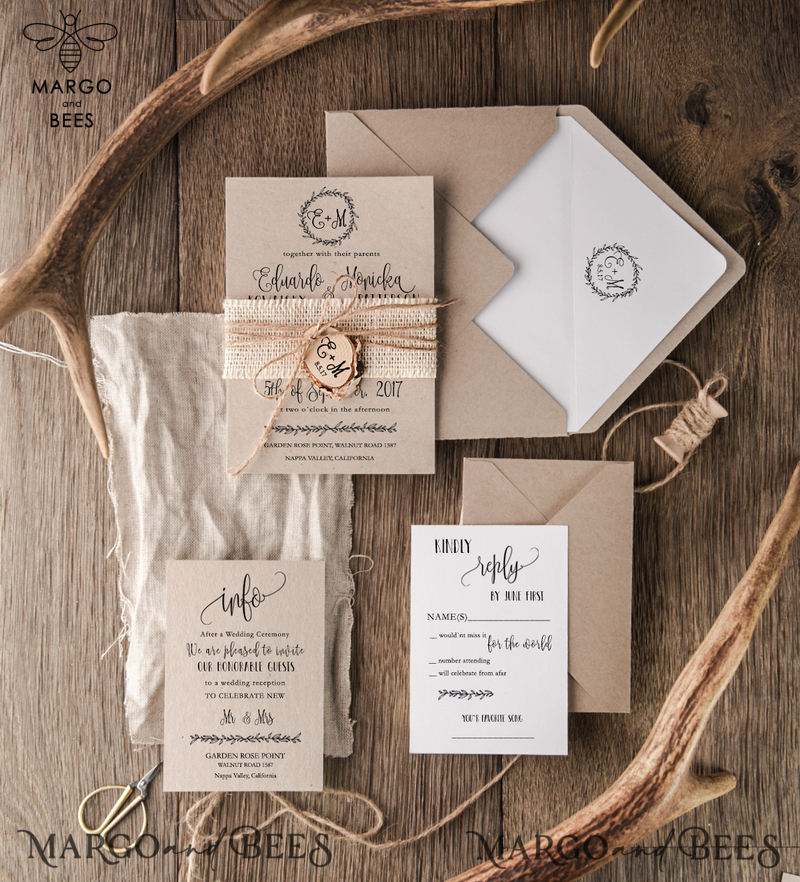Rustic Wedding Invitations Burlap Belly Band Stationery Bespoke Suite with Wooden Slice Tag and Monogram Wreath-0