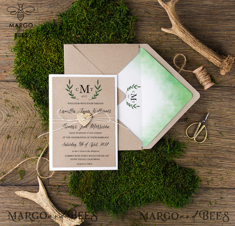 Rustic Olive Branch Wedding Invitation Suite Tuscany Personalized Invitations Craft Paper Wooden Heart Invites with Monogram Ombre Envelope Liner-2