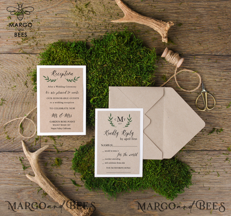 Rustic Olive Branch Wedding Invitation Suite Tuscany Personalized Invitations Craft Paper Wooden Heart Invites with Monogram Ombre Envelope Liner-4