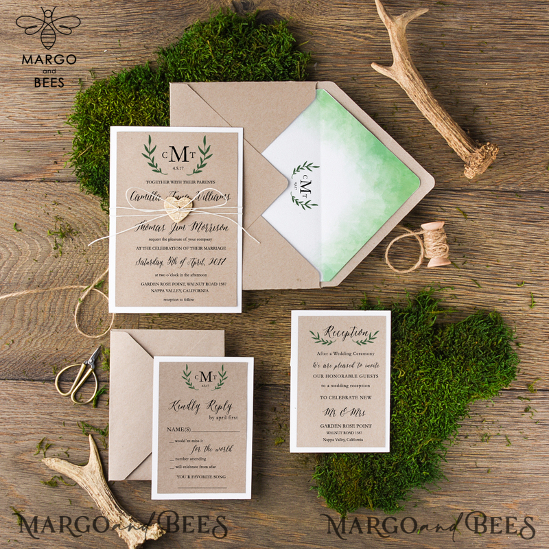 Rustic Olive Branch Wedding Invitation Suite Tuscany Personalized Invitations Craft Paper Wooden Heart Invites with Monogram Ombre Envelope Liner-0