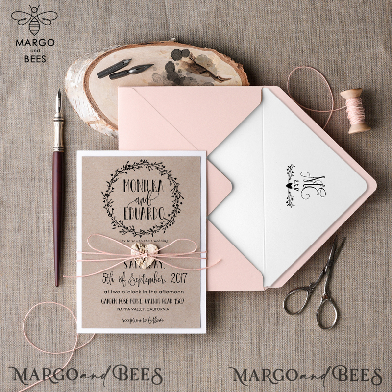 Cheap Rustic Wedding Invitation Suite Floral Wreath Personalized Invitations Craft Paper Wooden Heart Invites with Monogram Peach Envelope Liner-1
