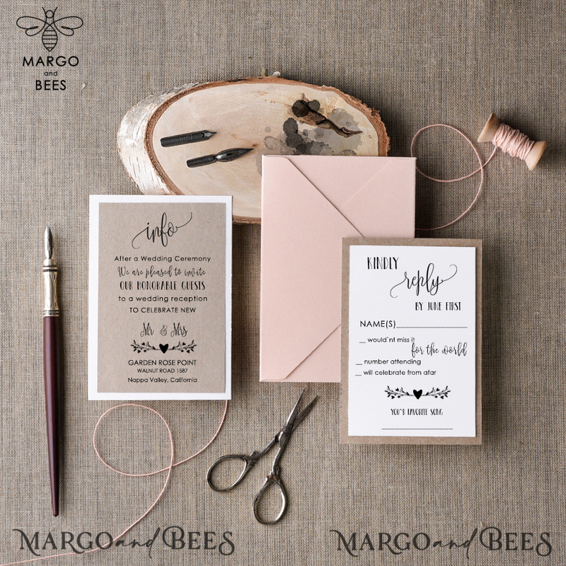 Delicate Blush Pink Wedding Invitations, Elegant Handmade Wedding Invites, Affordable Wedding Cards With Birch Heart, Romantic Floral Wedding Invitation Suite-4