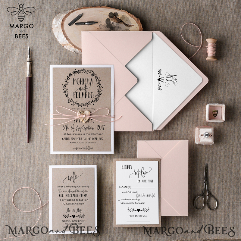Cheap Rustic Wedding Invitation Suite Floral Wreath Personalized Invitations Craft Paper Wooden Heart Invites with Monogram Peach Envelope Liner-0