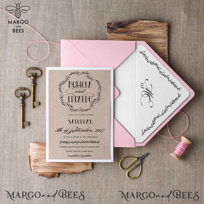Cheap Rustic Wedding Invitation Suite Floral WreathPersonalized Invitations Craft Paper Wooden Heart Invites with Monogram Pink Envelope Liner-1