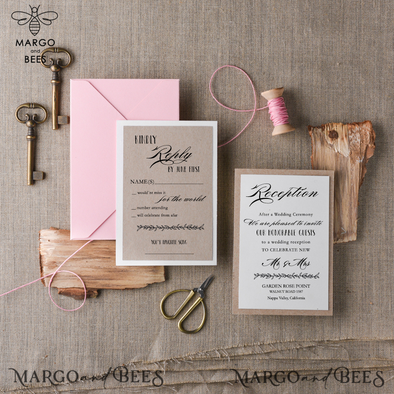 Cheap Rustic Wedding Invitation Suite Floral WreathPersonalized Invitations Craft Paper Wooden Heart Invites with Monogram Pink Envelope Liner-2