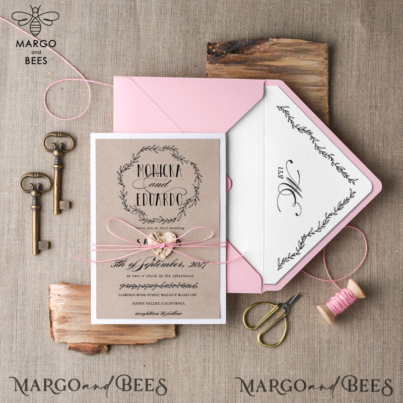 Cheap Rustic Wedding Invitation Suite Floral WreathPersonalized Invitations Craft Paper Wooden Heart Invites with Monogram Pink Envelope Liner-3