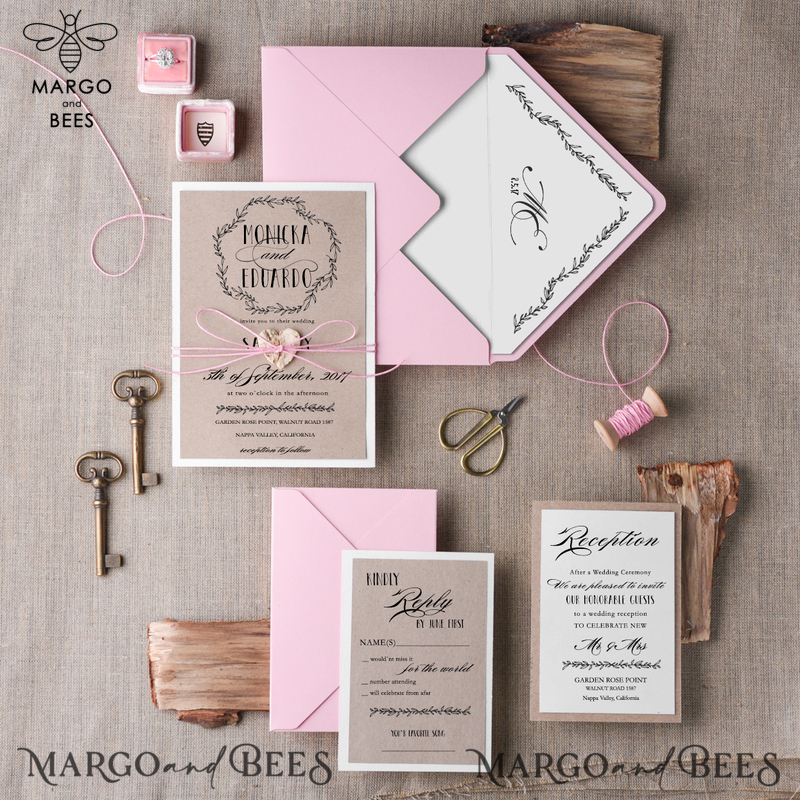 Cheap Rustic Wedding Invitation Suite Floral WreathPersonalized Invitations Craft Paper Wooden Heart Invites with Monogram Pink Envelope Liner-0