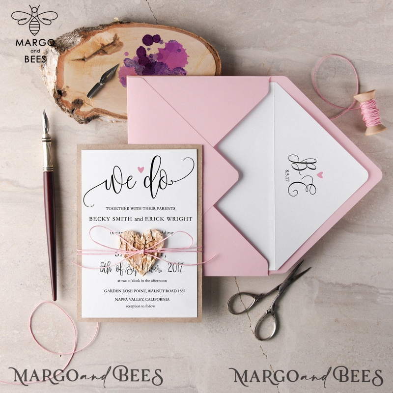 Unique Elegant Wedding Invitations Pink We Do Stationery Bespoke Suite with Wooden Heart and Blush Envelope-0