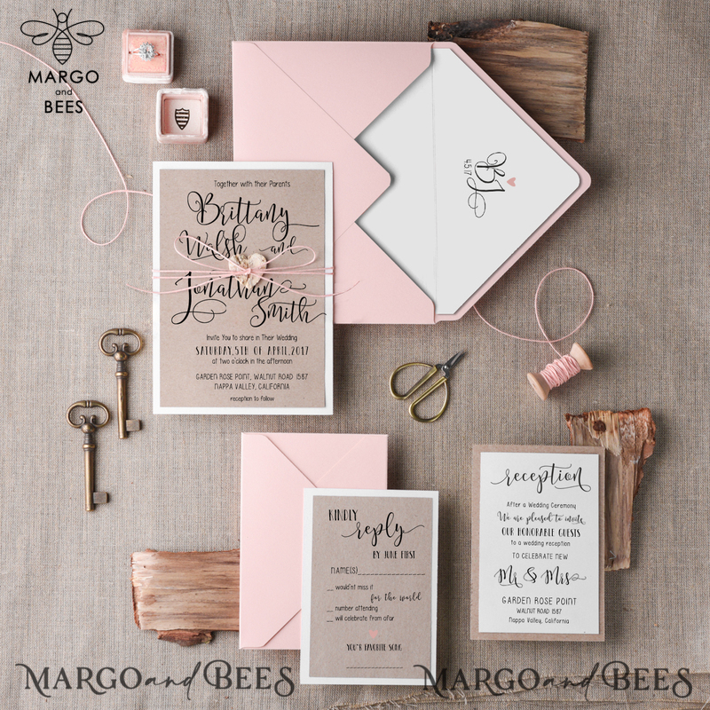  Rustic Wedding Invitation Suite Personalized Invitations Craft Paper Wooden Heart Invites with Monogram Envelope Pink Liner-1