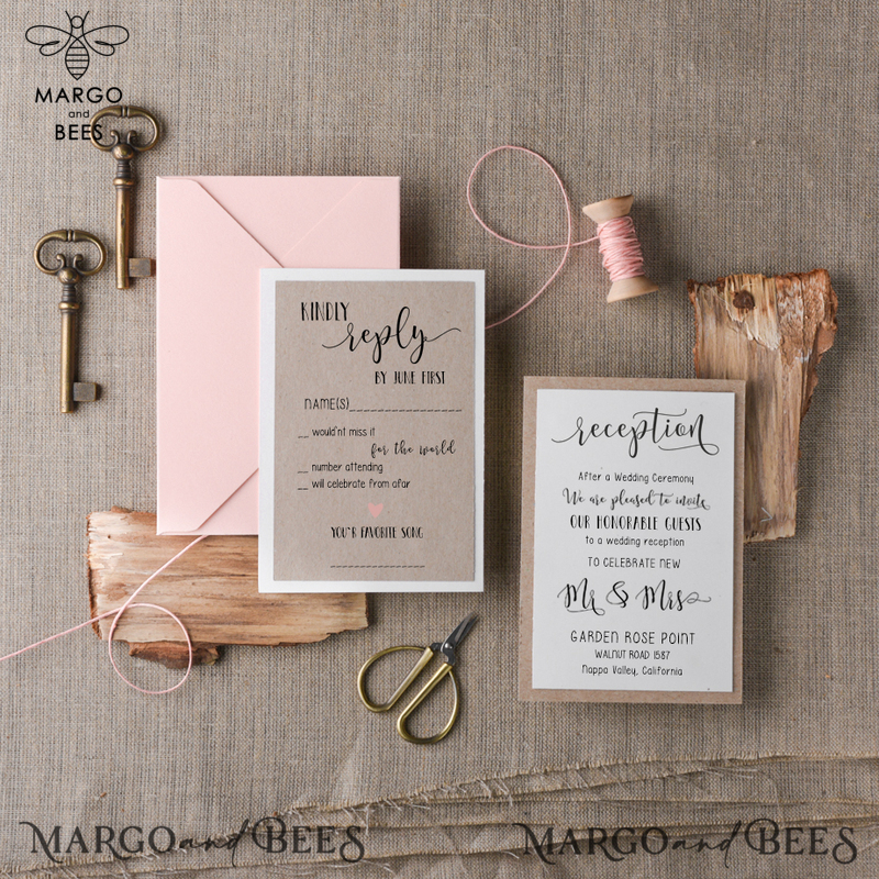  Delicate And Handmade Wedding Invitations, Affordable Wedding Invites With Birch Heart, Minimalistic Wedding Invitation Suite, Romantic Blush Pink Wedding Cards-3