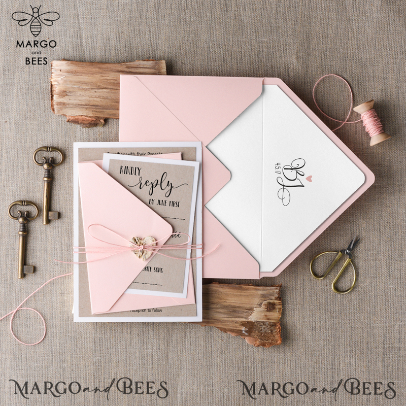  Rustic Wedding Invitation Suite Personalized Invitations Craft Paper Wooden Heart Invites with Monogram Envelope Pink Liner-4