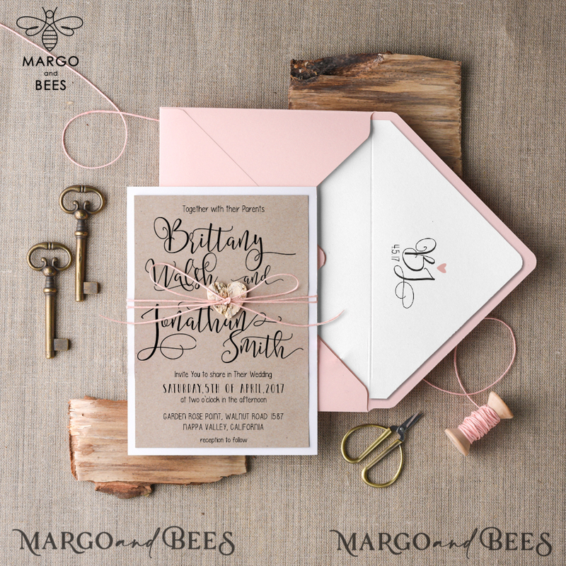  Delicate And Handmade Wedding Invitations, Affordable Wedding Invites With Birch Heart, Minimalistic Wedding Invitation Suite, Romantic Blush Pink Wedding Cards-0