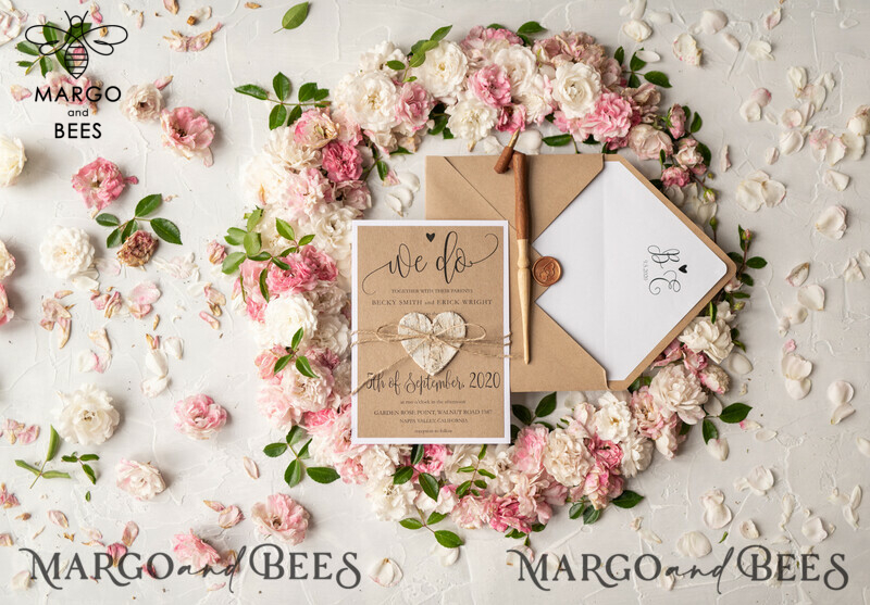 Vintage Wooden Wedding Invitations, Elegant Birch Heart Wedding Cards, Bespoke Eco Paper Wedding Invites, Handmade Wedding Stationery-10