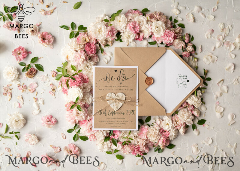 Vintage Wooden Wedding Invitations, Elegant Birch Heart Wedding Cards, Bespoke Eco Paper Wedding Invites, Handmade Wedding Stationery-11
